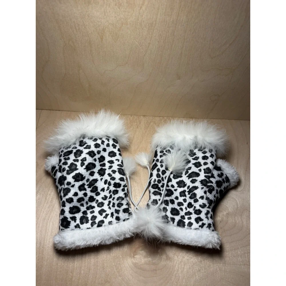 Leopard Print Fingerless Gloves Faux Fur Trim Pom Pom Lace Up Black White Y2K